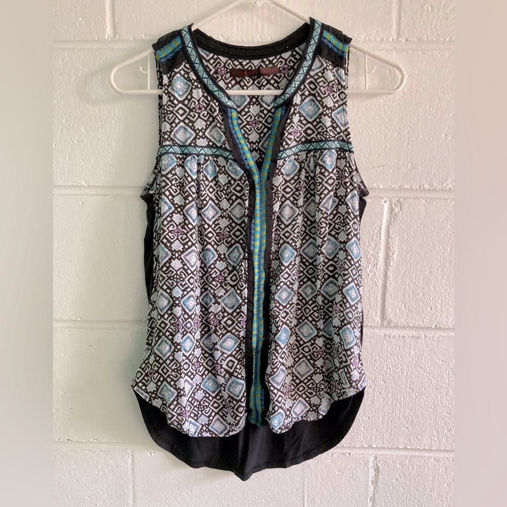 'A Common Thread' top in black and teal, with ribbon placket.